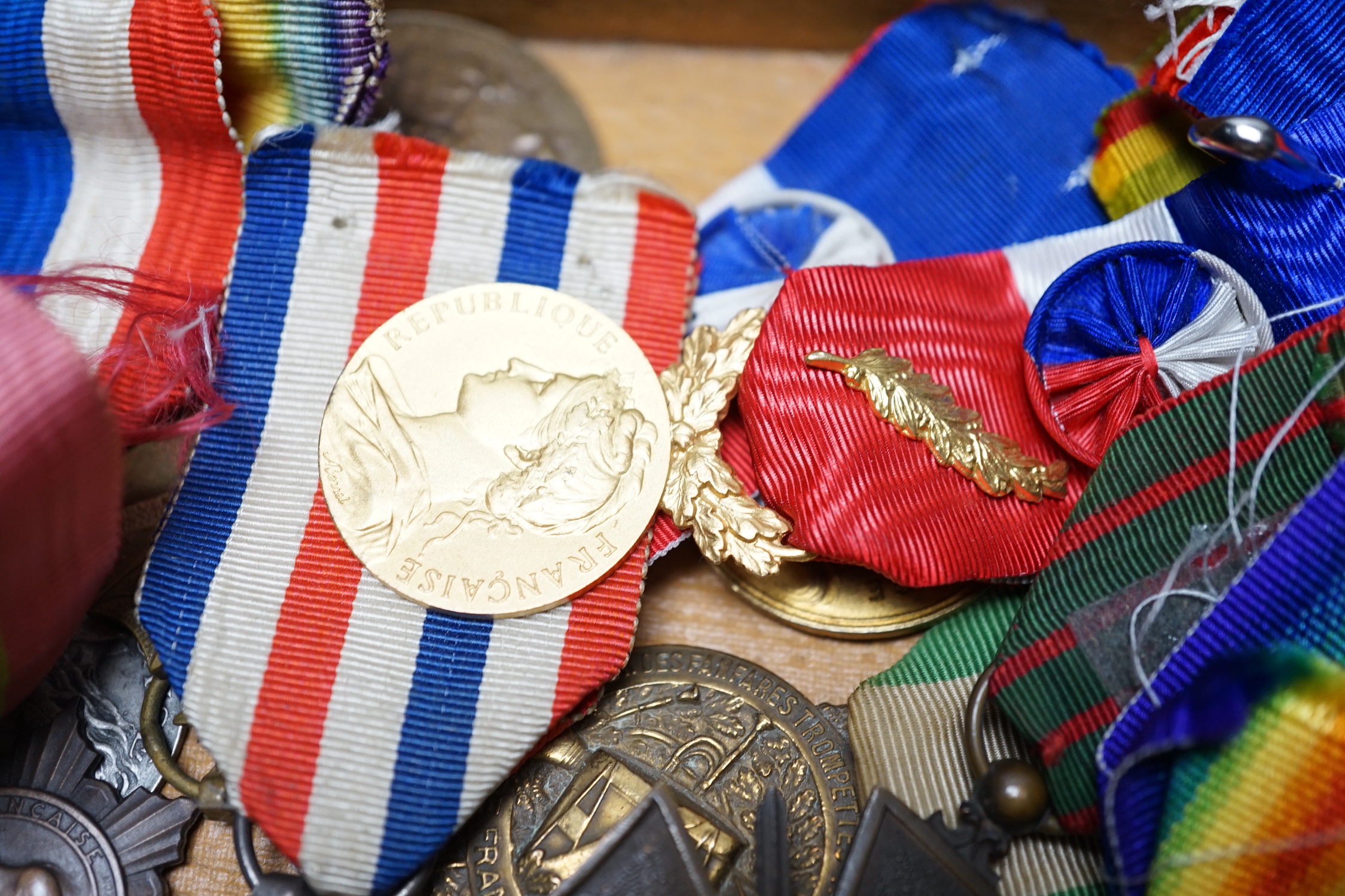 Eighteen French and Belgium medals, etc. including; Medal of Honour, War Cross, Medal of Honour for Physical Education, Victory Medal, etc.